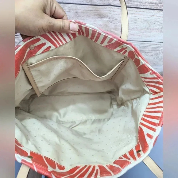 Kate Spade New York Large Canvas Tote Bag No Zipper Tropical Print Cream Red - Picture 8 of 10